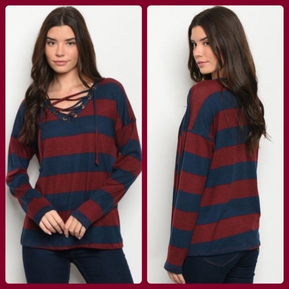 Hopely  Wine and Navy long sleeve top - Picture 1 of 4